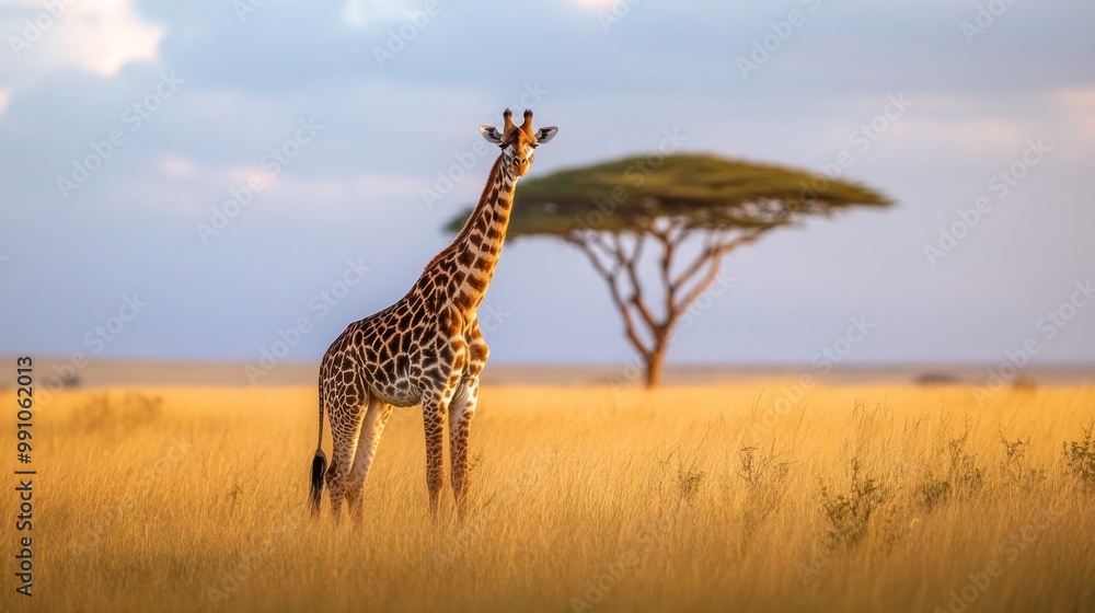 Fototapeta premium A lone giraffe stands in a field of tall grass with a single acacia tree in the background.
