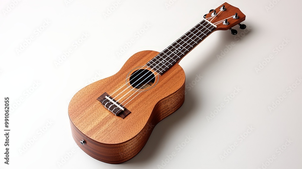 Obraz premium Serenity Strings Closeup Wooden Ukulele on White Background - Musical Elegance and Simplicity