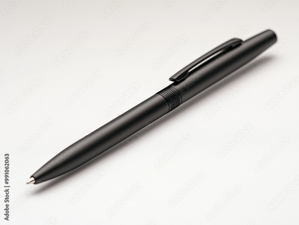 Sleek Black Ballpoint Pen Close-up on White Background - Minimalist Office Supplies Concept with Elegant Monochrome Aesthetics Sleek Black Ballpoint Pen Close-up on White Background - Minimalist Office Supplies Concept with Elegant Monochrome Aesthetics
