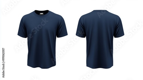 A mockup of a blank navy blue T-shirt on white