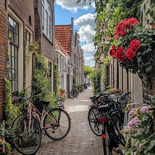 Bicycles parked on a quaint Dutch street in The Netherlands.