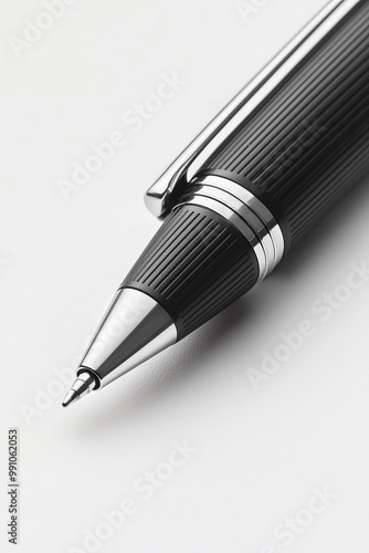 Sleek Black and Silver Pen Macro View on Minimalist White Surface - Elegant Writing Instrument for Marketing Materials