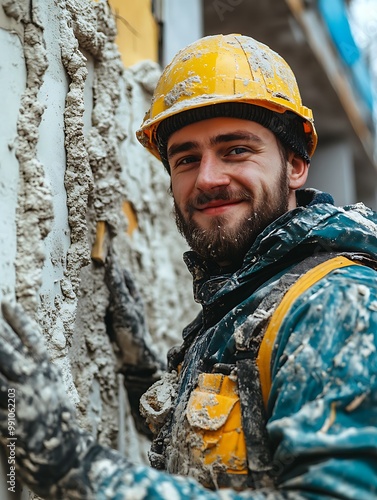 worker renovating a house and doing plastering photo