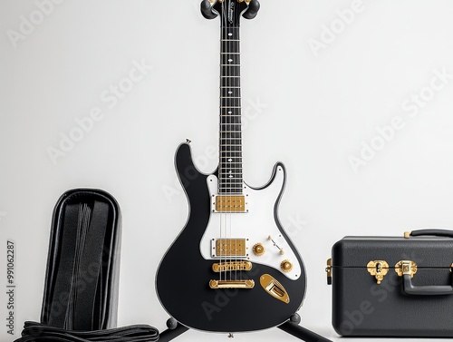 Sleek Black Electric Guitar with Gold Hardware on Minimalist White Background - Professional Music Gear for Performances and Studios photo