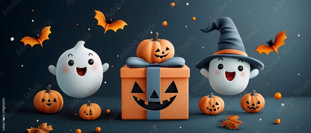 set of 3 Kawaii Halloween characters in 3d clay design, including a gift box in a Happy Halloween concept, cute adorable and festive, isolated on a dark background set of 3 Kawaii Halloween characters in 3d clay design, including a gift box in a Happy Halloween concept, cute adorable and festive, isolated on a dark background