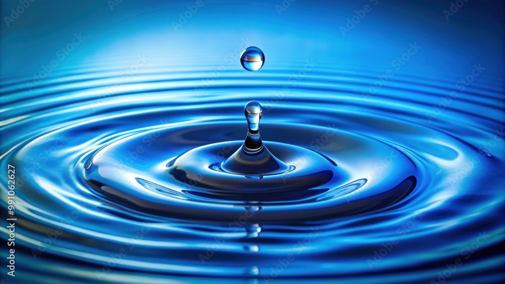 Water drop with droplet and rings on surface bluish background, water, drop, droplet, rings, surface, blue, background Water drop with droplet and rings on surface bluish background, water, drop, droplet, rings, surface, blue, background