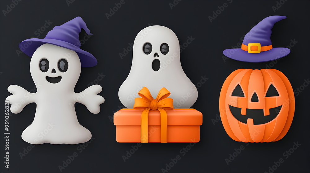 Obraz premium set of 3 Kawaii Halloween characters in 3d clay design, including a gift box in a Happy Halloween concept, cute adorable and festive, isolated on a dark background