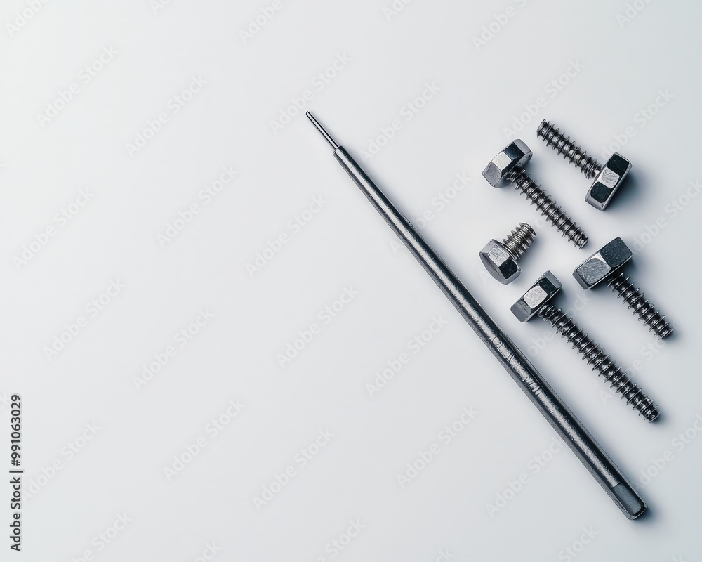Sleek Metallic Tool and Screws Closeup on White Surface - Industrial Precision Engineering Concept Sleek Metallic Tool and Screws Closeup on White Surface - Industrial Precision Engineering Concept