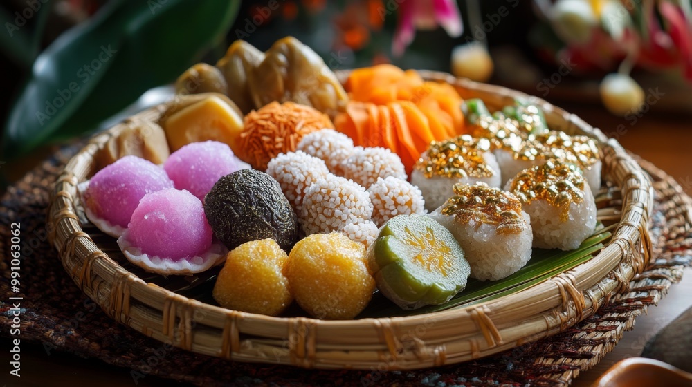 An assortment of Thai sweets, including luk chup (miniature fruits) and foi thong (golden threads), elegantly presented on a bamboo platter for a festive look. An assortment of Thai sweets, including luk chup (miniature fruits) and foi thong (golden threads), elegantly presented on a bamboo platter for a festive look.