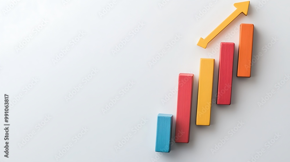 Colorful wooden blocks in an ascending line graph with an arrow pointing up. Colorful wooden blocks in an ascending line graph with an arrow pointing up.