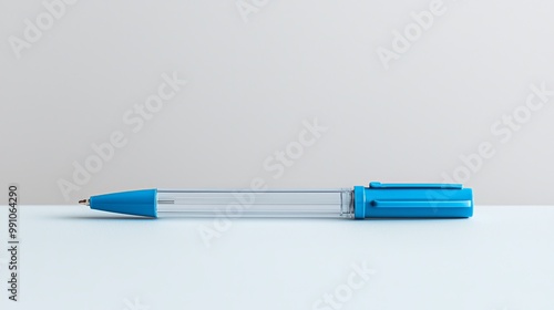 Vibrant Blue Pen Closeup on Gray Surface - Minimalist Simplicity and Clarity Concept