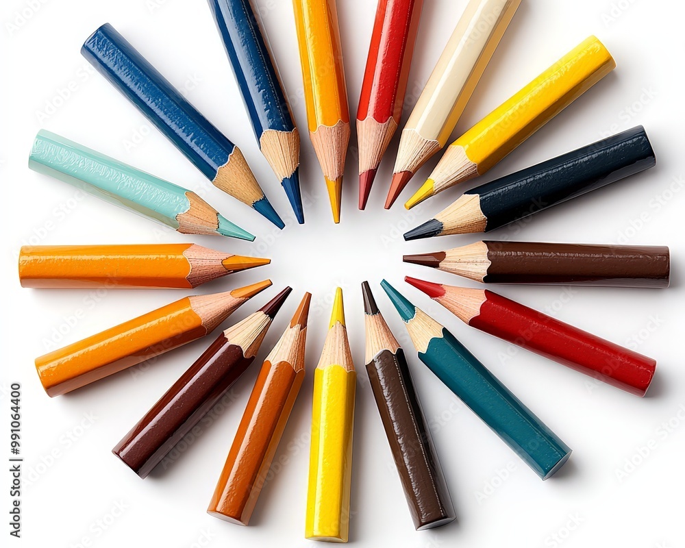 Naklejka premium Vibrant Colorful Pencils Circle on White Creative Harmony and Diversity for Art Supplies Marketing