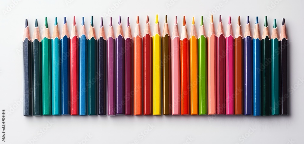 Vibrant Colored Pencils Row - Symmetrical Macro View on White, Creativity Supplies Set for Education, Artistic Projects Vibrant Colored Pencils Row - Symmetrical Macro View on White, Creativity Supplies Set for Education, Artistic Projects