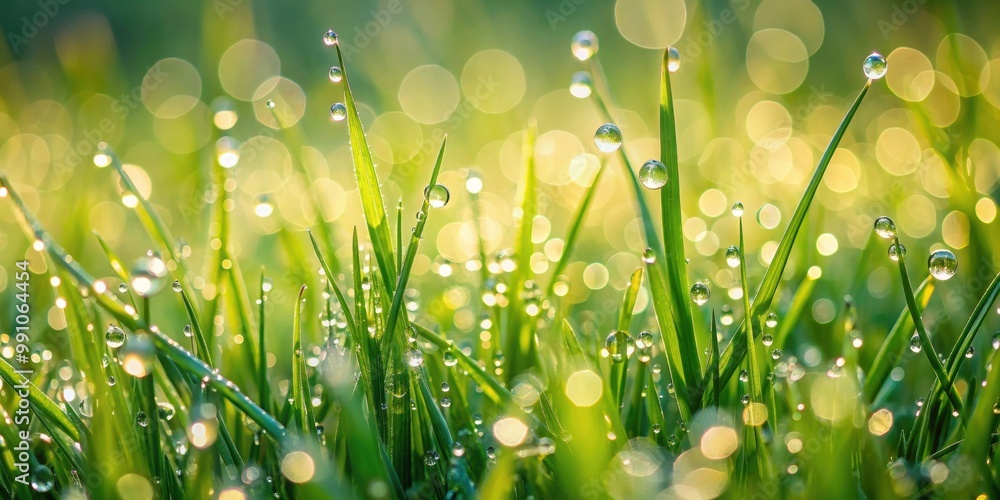 Fototapeta premium Close-up shot of grass with morning dew drops, creating an abstract background, grass, morning dew, drops, close-up