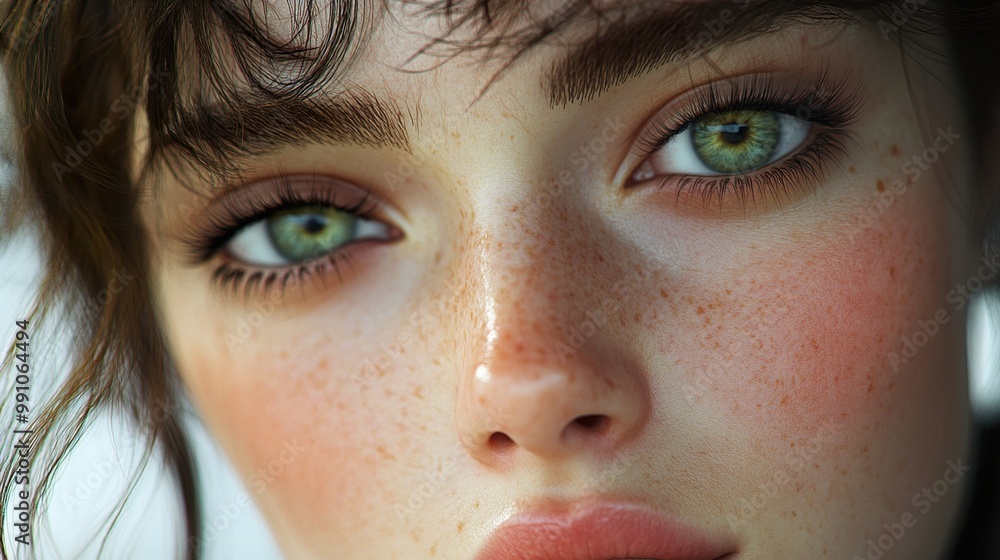 Close Up Portrait of a Woman with Freckles and Green Eyes Close Up Portrait of a Woman with Freckles and Green Eyes