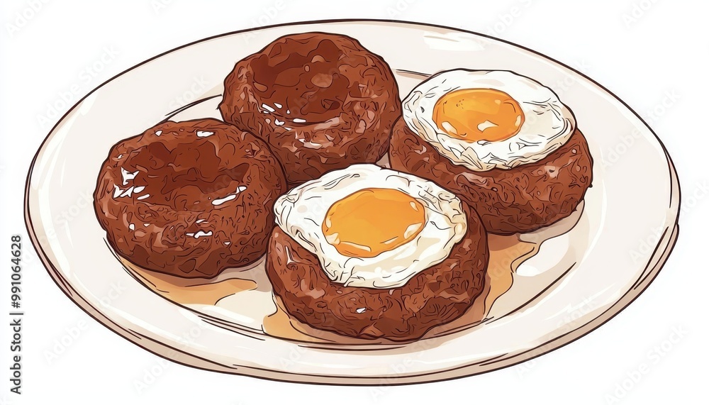 A plate of three fried egg muffins, with golden yolks on top, served in a cozy, inviting manner. A plate of three fried egg muffins, with golden yolks on top, served in a cozy, inviting manner.