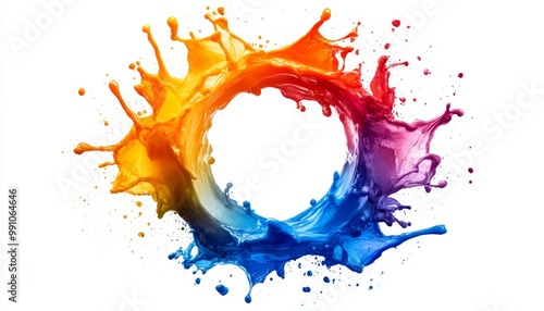 Vibrant Burst of Colorful Paint Splashes in Circular Formation on White Background - Abstract Liquid Art Design for Creative Projects photo