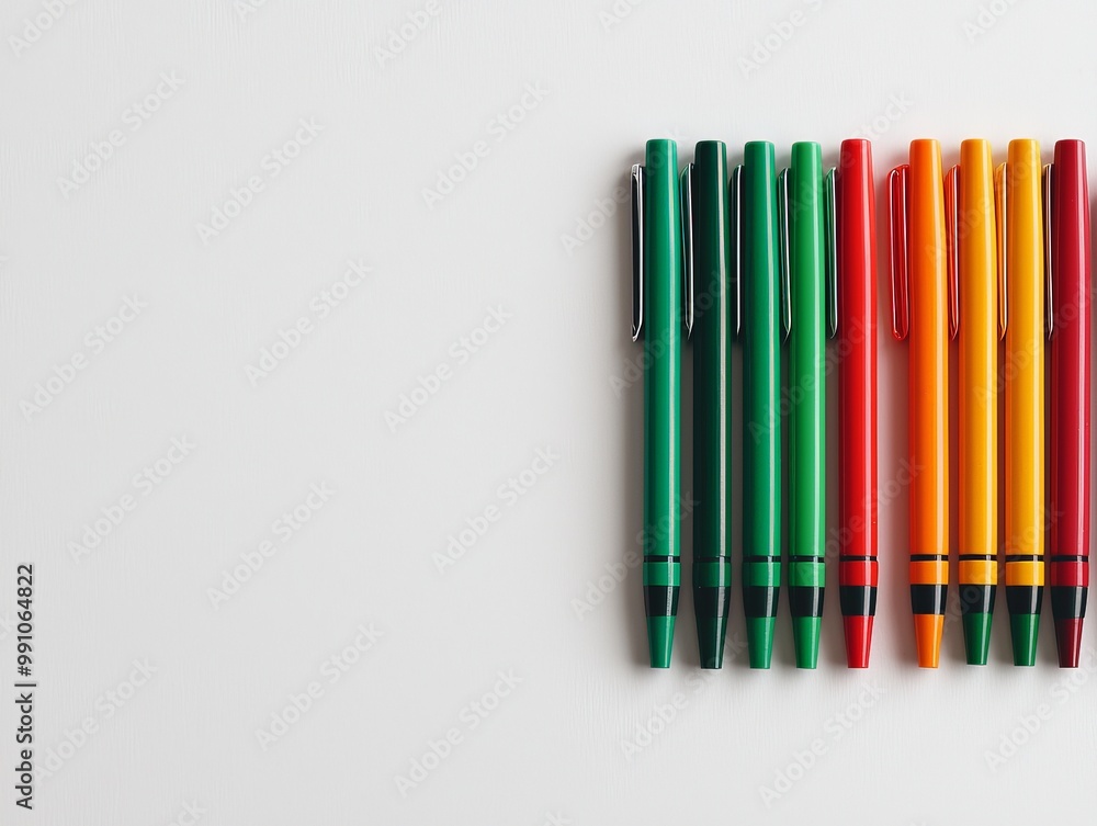 Vibrant Colorful Pens Gradient on White - Symmetrical Macro View in Minimalist Style for Stationery Ads and Design Concepts Vibrant Colorful Pens Gradient on White - Symmetrical Macro View in Minimalist Style for Stationery Ads and Design Concepts