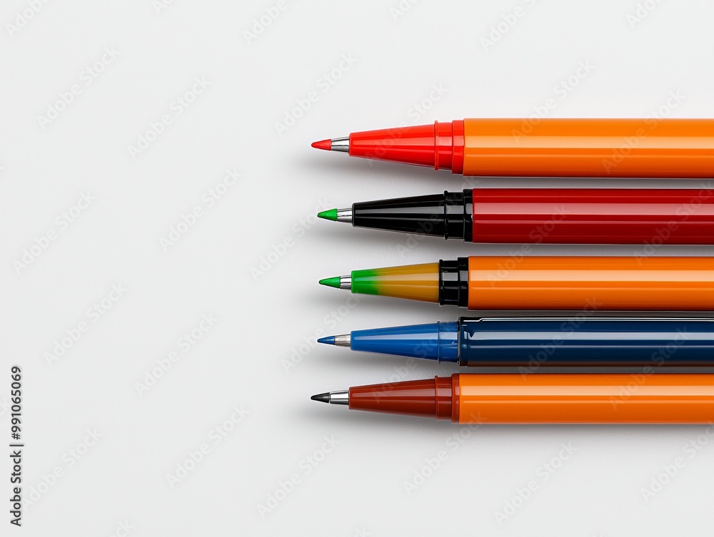 Fototapeta premium Vibrant Marker Collection Against Minimalist White Background - Symmetrical Layout for Creative Office Supplies Marketing