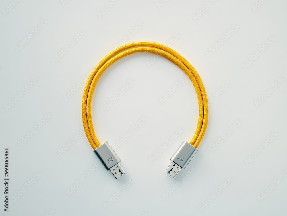 Vibrant Yellow USB Cable Macro View on Minimalist White Background - Modern Connectivity Concept with Circle Shape for Tech Design Projects Vibrant Yellow USB Cable Macro View on Minimalist White Background - Modern Connectivity Concept with Circle Shape for Tech Design Projects