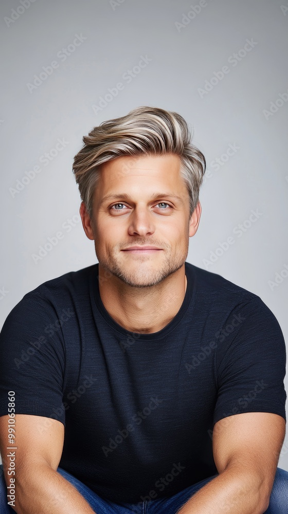 This striking visual captures a handsome man wearing a black t-shirt, posing against a gray background with sharp focus and professional color grading This striking visual captures a handsome man wearing a black t-shirt, posing against a gray background with sharp focus and professional color grading
