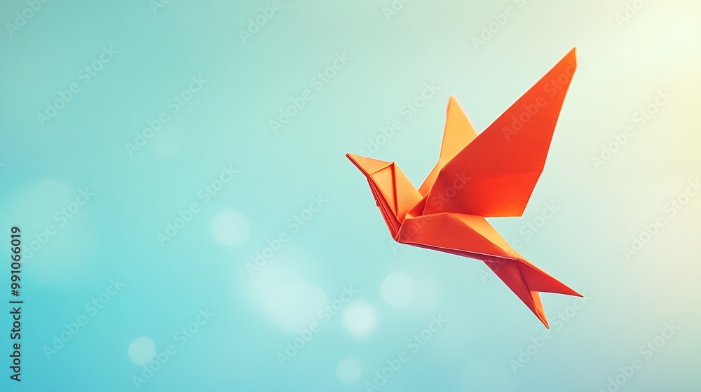An origami bird, crafted from orange paper, soars through the air against a soft blue sky. An origami bird, crafted from orange paper, soars through the air against a soft blue sky.