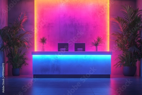 Futuristic Neon-lit Reception Desk in Modern Office Space with Indoor Plants