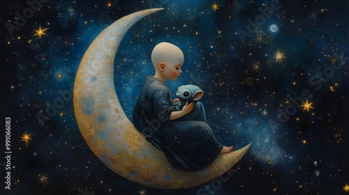 Wallpaper Mural Art, Child Sitting on the Moon with an ET on His Lap, Abstract Image, Texture, Pattern Background, Wallpaper, Cover and Screen for Smartphone, PC, Laptop, 9:16 and 16:9 Format Torontodigital.ca