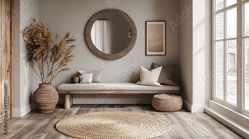 Rustic Entryway Decor with Wooden Bench  Natural Rug  and Window View photo