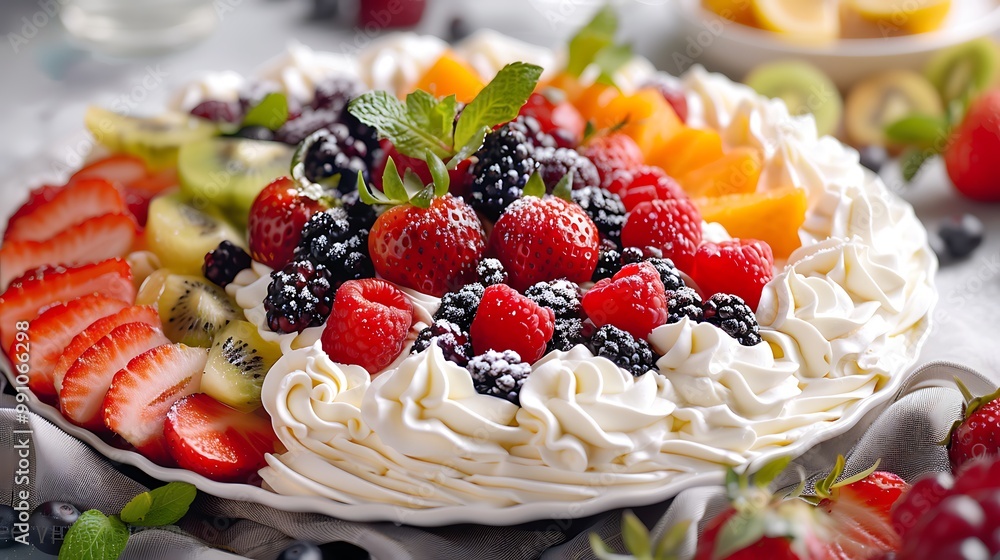 Fresh fruits and creamy frosting ripple on an ending platter Fresh fruits and creamy frosting ripple on an ending platter