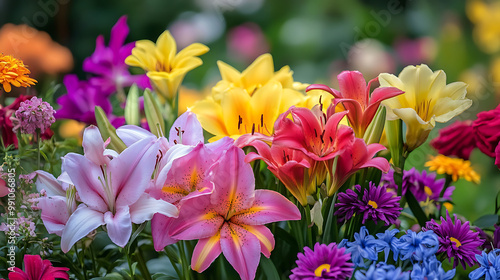 Colourful summer flowers like daisies, lilies, and roses blooming in a garden