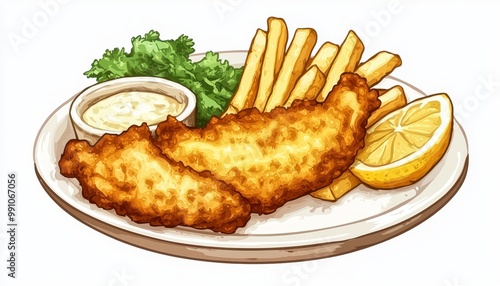 A delicious plate of fried fish with crispy fries, a lemon wedge, and a side of creamy dipping sauce, garnished with fresh lettuce. photo