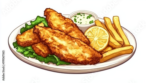 Wallpaper Mural A delicious plate featuring fried fish fillets, crispy fries, fresh lettuce, and a lemon slice, accompanied by a creamy dipping sauce. Torontodigital.ca