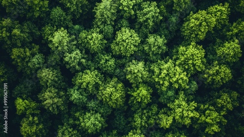 Overhead view of a lush green forest canopy.