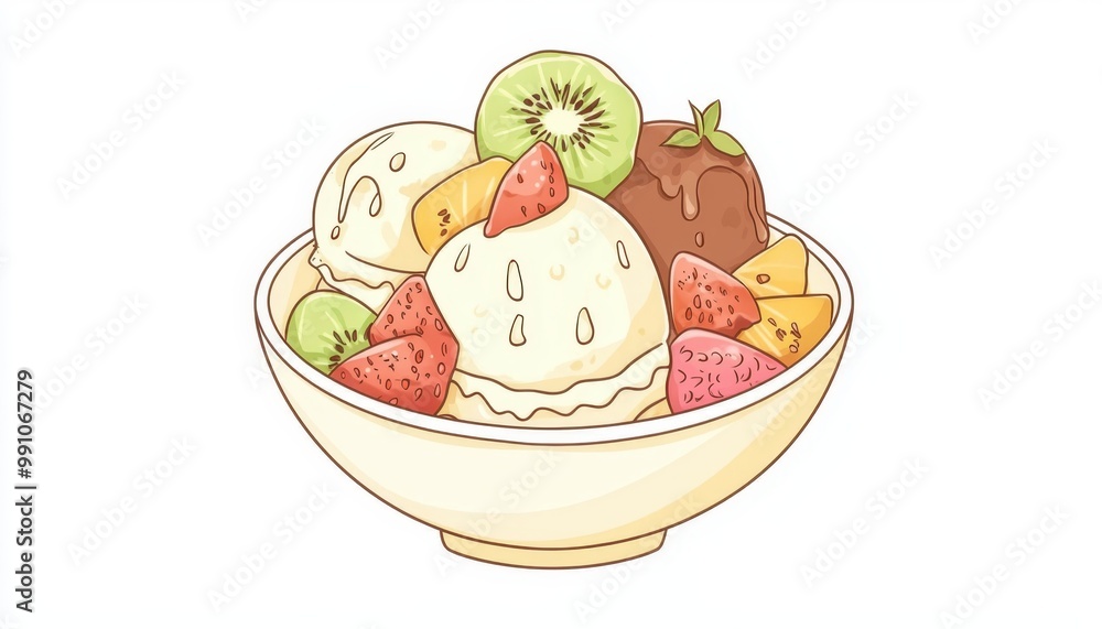 A colorful bowl of ice cream topped with strawberries, kiwi, and chocolate, offering a delightful summer treat. A colorful bowl of ice cream topped with strawberries, kiwi, and chocolate, offering a delightful summer treat.