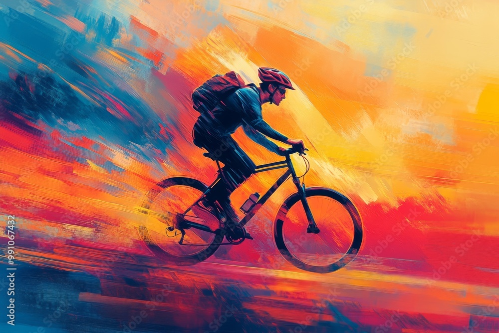 Fototapeta premium Bold Digital Art: Energetic Young Man Riding Bicycle in Vibrant Surroundings