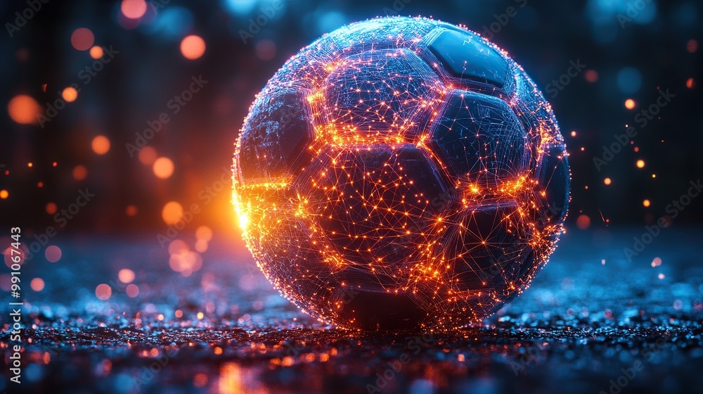 A soccer ball overlaid with a digital network motif on a neon background. A soccer ball overlaid with a digital network motif on a neon background.