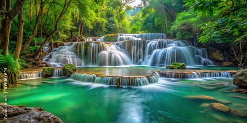 Clear emerald water flowing over rocks in natural forest setting at Huai Mae Khamin Waterfall National Park, waterfall, emerald