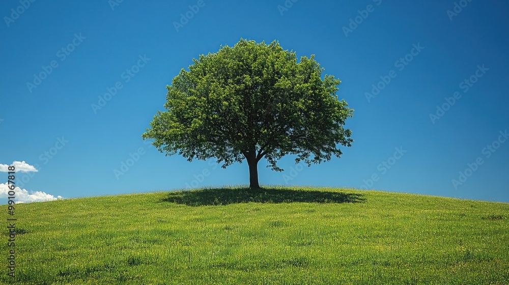A solitary tree stands in a verdant field under a clear blue sky. A solitary tree stands in a verdant field under a clear blue sky.