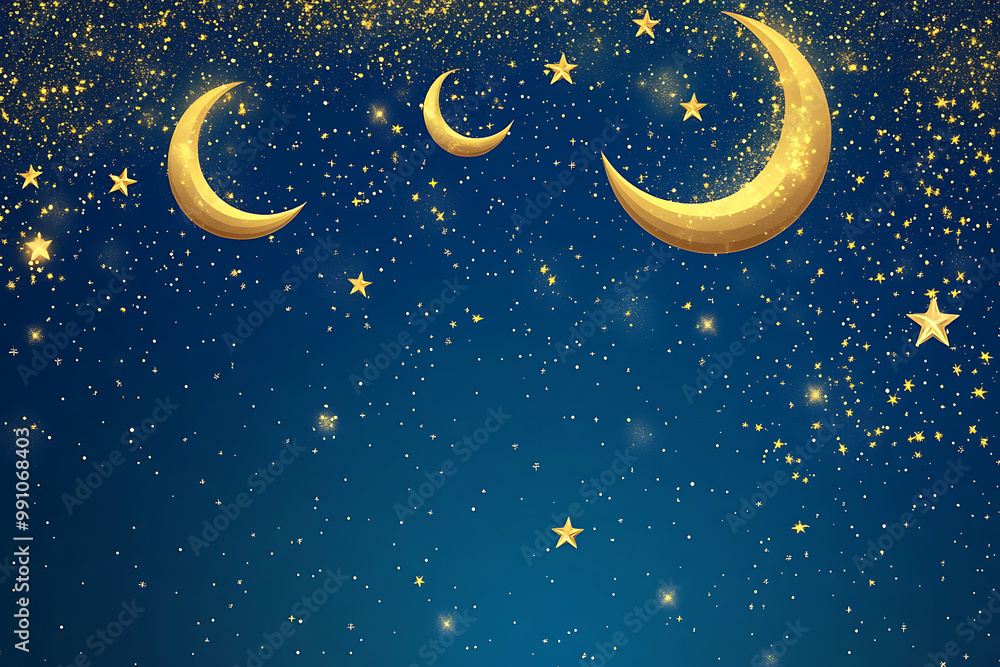 Eid background with crescent moons and stars in gold against a deep blue sky Eid background with crescent moons and stars in gold against a deep blue sky