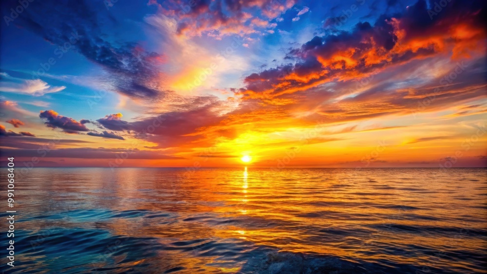 Vibrant sunset casting warm hues over calm sea , sunset, sea, ocean, dusk, skies, nature, tranquil, water, horizon Vibrant sunset casting warm hues over calm sea , sunset, sea, ocean, dusk, skies, nature, tranquil, water, horizon