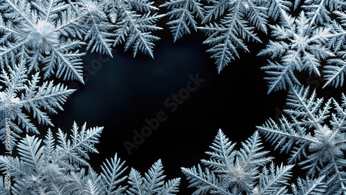 Real frostwork pattern of ice crystals on black background, frost, ice, crystals, window, structure, abstract, overlay, effect