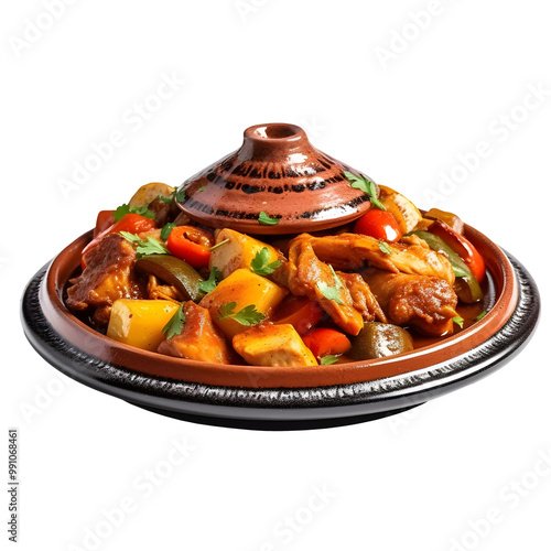 The original tagine is served on a plate with a beautiful view