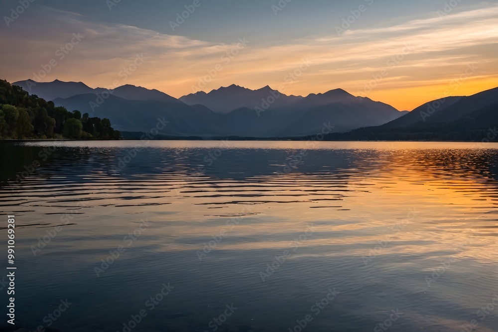 Calm, reflective lake at sunset, with gentle ripples on the water and mountains silhouetted in the background Calm, reflective lake at sunset, with gentle ripples on the water and mountains silhouetted in the background