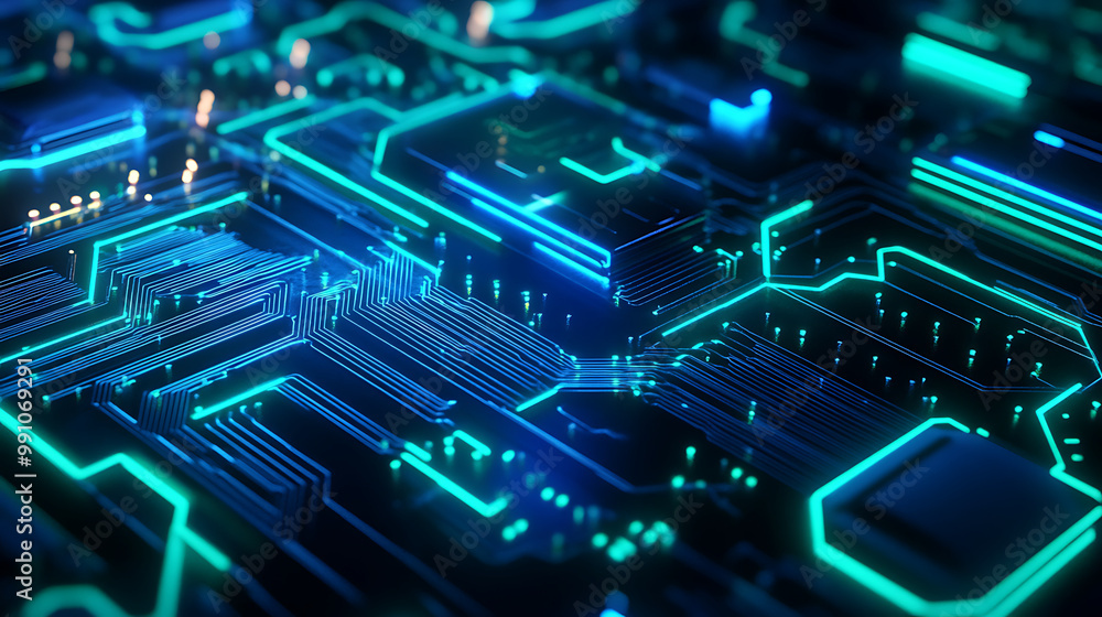 Futuristic circuit board patterns glowing with neon blue and green light Futuristic circuit board patterns glowing with neon blue and green light