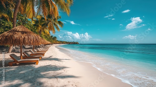 Fototapeta Naklejka Na Ścianę i Meble -  A tropical beach with palm trees and sunbeds under a straw umbrella on white sand.