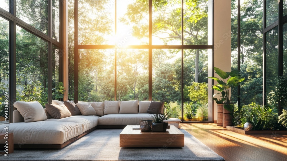 An open-concept living room with large windows, offering a view of a beautiful garden outside, with sunlight streaming in and illuminating the inviting space. An open-concept living room with large windows, offering a view of a beautiful garden outside, with sunlight streaming in and illuminating the inviting space.