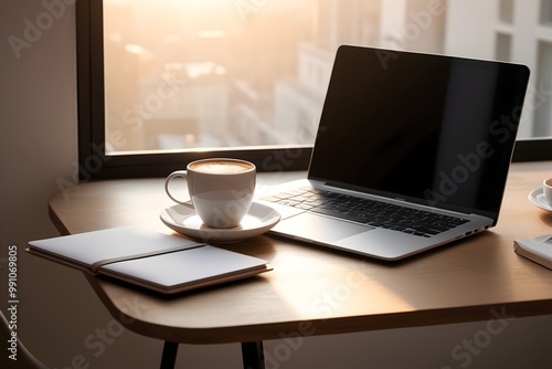 Wallpaper Mural Minimalist workspace with a sleek laptop, coffee cup, bathed in soft morning light Torontodigital.ca