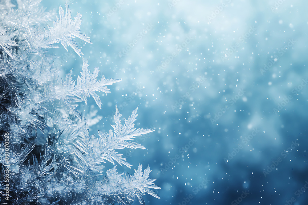 Frosty Christmas background with ice crystals forming intricate patterns on a blue surface Frosty Christmas background with ice crystals forming intricate patterns on a blue surface