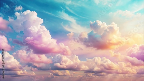 Fototapeta Naklejka Na Ścianę i Meble -  nostalgic pastel sky with fluffy clouds, retro, vintage, 80s, 70s, sky, clouds, pastel, aesthetic, dreamy, nostalgic
